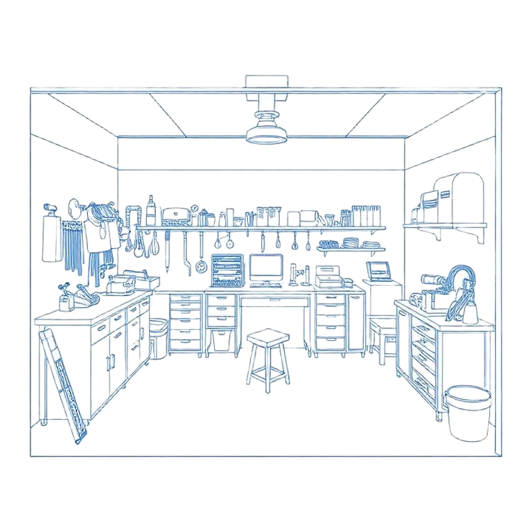 Blueprint drawing of The Garage